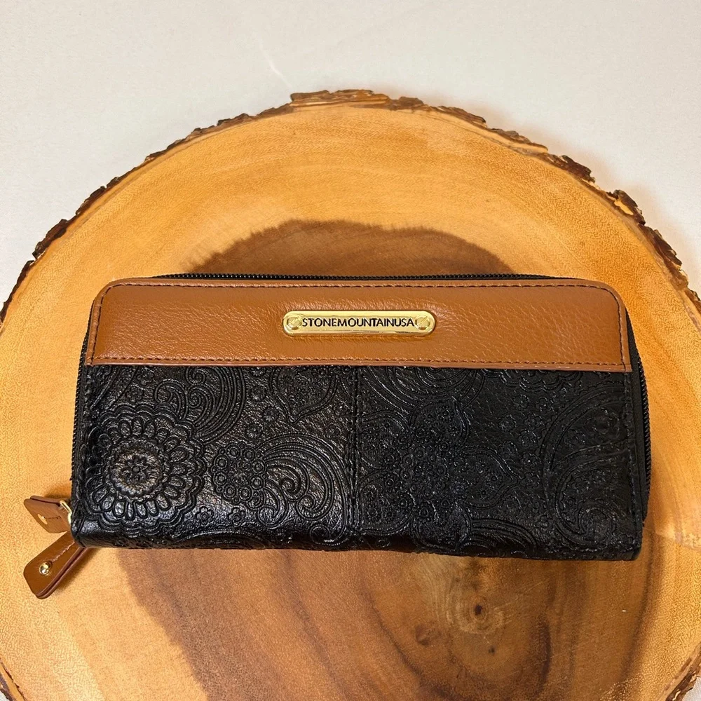 Stone Mountain Black & Cognac Tan Leather Paisley Zip Around Wallet & Checkbook - Picture 2 of 9